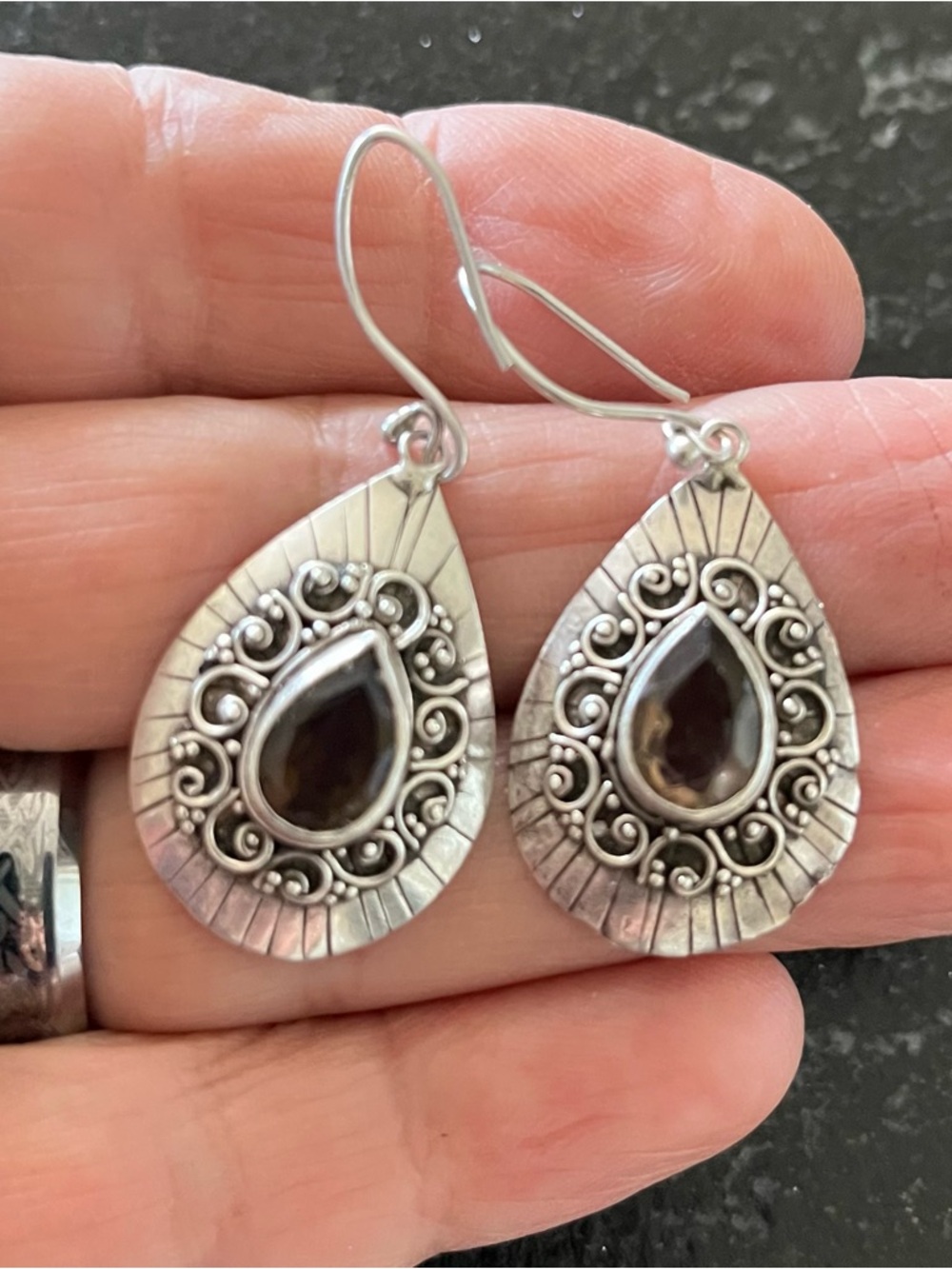 Smoky Quartz Dangle Hook Teardrop Filigree Earrings 925 Sterling Silver